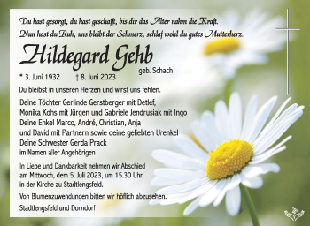 Traueranzeige von Hildegard Gehb von Südthüringer Presse