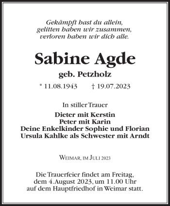 Traueranzeige von Sabine Agde von Südthüringer Presse