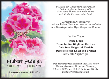 Traueranzeige von Hubert Adolph von Südthüringer Presse