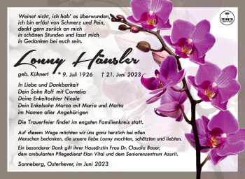 Traueranzeige von Lonny Häusler von Südthüringer Presse