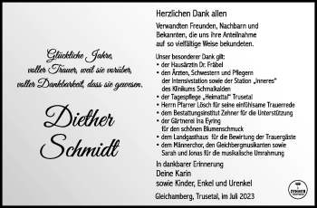 Traueranzeige von Diether Schmidt von Südthüringer Presse