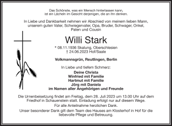Traueranzeige von Willi Stark von Frankenpost