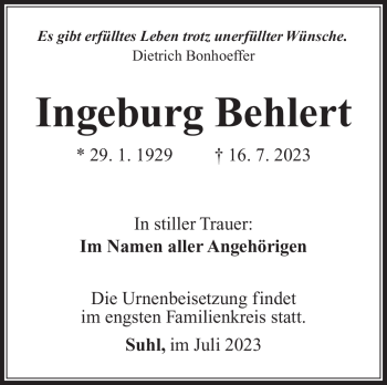 Traueranzeige von Ingeburg Behlert von Südthüringer Presse