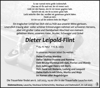 Traueranzeige von Dieter Leipold-Flint von Südthüringer Presse