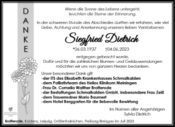 Traueranzeige von Siegfried Dietrich von Südthüringer Presse