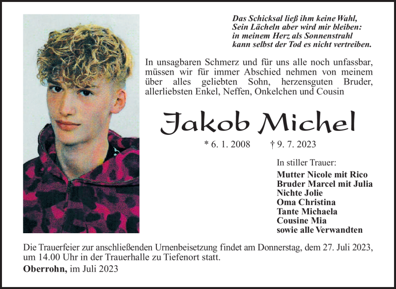  Traueranzeige für Jakob Michel vom 22.07.2023 aus Südthüringer Presse