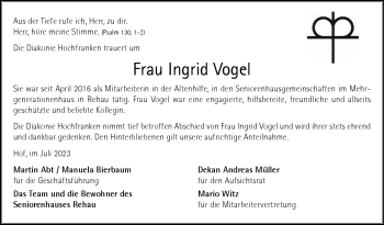 Traueranzeige von Ingrid Vogel von Frankenpost