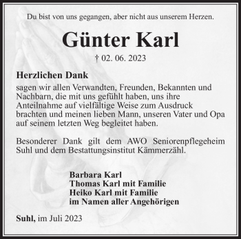 Traueranzeige von Günter Karl von Südthüringer Presse