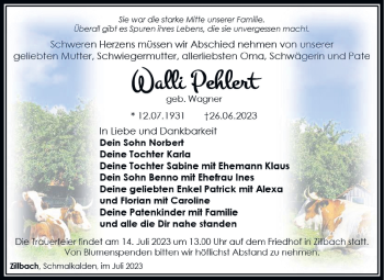 Traueranzeige von Walli Pehlert von Südthüringer Presse