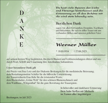 Traueranzeige von Werner Müller von Südthüringer Presse