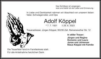Traueranzeige von Adolf Köppel von Frankenpost