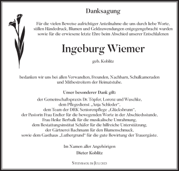 Traueranzeige von Ingeburg Wiemer von Südthüringer Presse