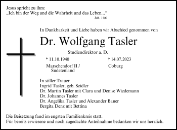 Traueranzeige von Wolfgang Tasler von Neue Presse Coburg