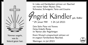 Traueranzeige von Ingrid Kändler von Südthüringer Presse