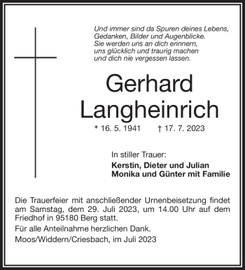 Traueranzeige von Gerhard Langheinrich von Frankenpost