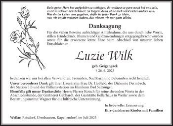 Traueranzeige von Luzie Wilk von Südthüringer Presse