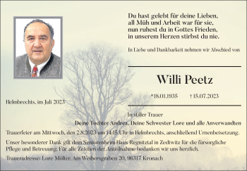 Traueranzeige von Willi Peetz von Frankenpost