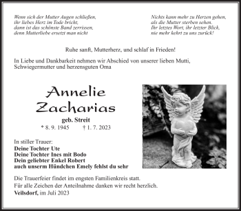 Traueranzeige von Annelie Zacharias von Südthüringer Presse