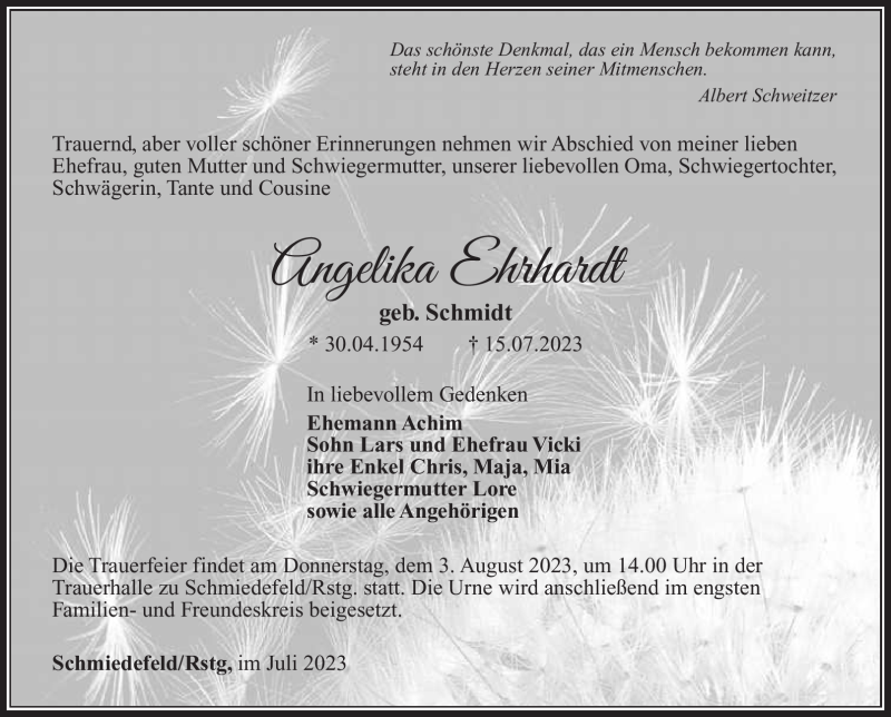  Traueranzeige für Angelika Ehrhardt vom 22.07.2023 aus Südthüringer Presse