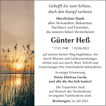 Traueranzeige von Günter Heß von Südthüringer Presse