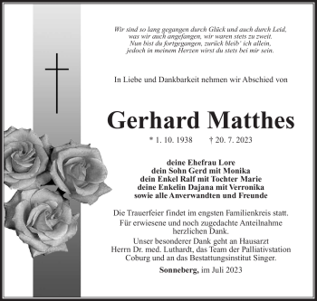 Traueranzeige von Gerhard Matthes von Südthüringer Presse