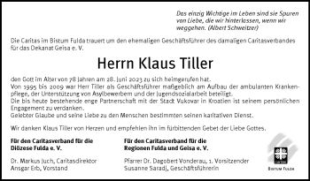 Traueranzeige von Klaus Tiller von Südthüringer Presse