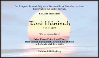 Traueranzeige von Toni Hänisch von Südthüringer Presse