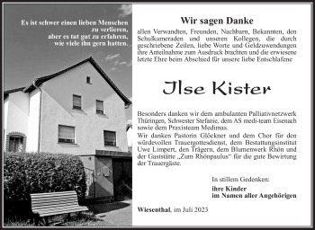 Traueranzeige von Ilse Kister von Südthüringer Presse
