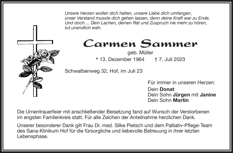  Traueranzeige für Carmen Sammer vom 29.07.2023 aus Frankenpost