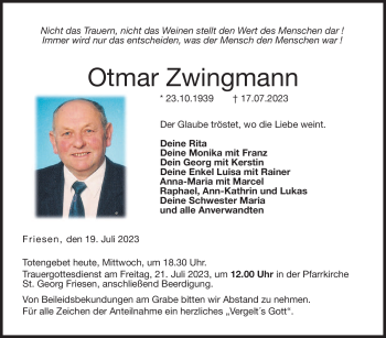 Traueranzeige von Otmar Zwingmann von Neue Presse Coburg