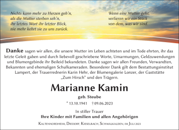 Traueranzeige von Marianne Kamin von Südthüringer Presse