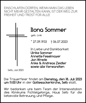 Traueranzeige von Ilona Sommer von Frankenpost