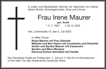 Traueranzeige von Irene Maurer von Frankenpost