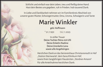 Traueranzeige von Marie Winkler von Frankenpost