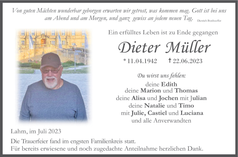  Traueranzeige für Dieter Müller vom 01.07.2023 aus Neue Presse Coburg