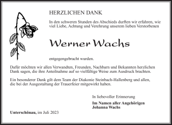 Traueranzeige von Werner Wachs von Südthüringer Presse