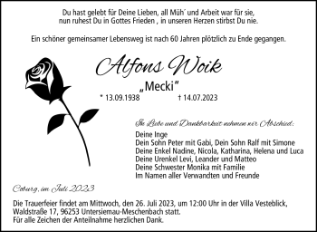 Traueranzeige von Alfons Woik von Neue Presse Coburg