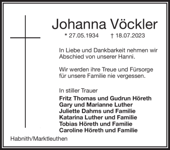 Traueranzeige von Johanna Vöckler von Frankenpost
