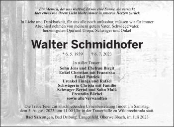 Traueranzeige von Walter Schmidhofer von Südthüringer Presse
