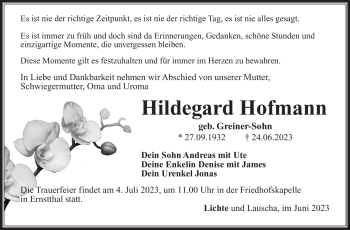 Traueranzeige von Hildegard Hoffmann von Südthüringer Presse