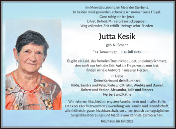 Traueranzeige von Jutta Kesik von Südthüringer Presse