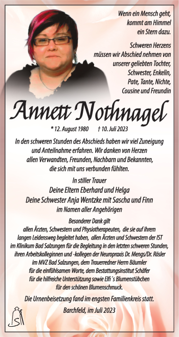 Traueranzeige von Annett Nothnagel von Südthüringer Presse