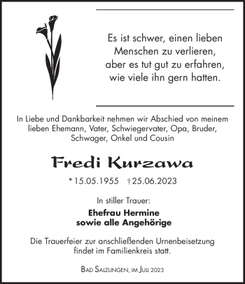 Traueranzeige von Fredi Kurzawa von Südthüringer Presse