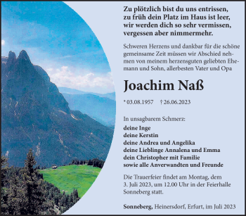 Traueranzeige von Joachim Naß von Südthüringer Presse