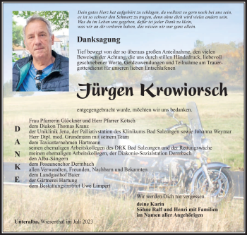 Traueranzeige von Jürgen Krowiorsch von Südthüringer Presse