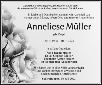 Traueranzeige von Anneliese Müller von Südthüringer Presse