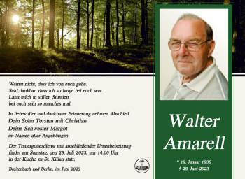 Traueranzeige von Walter Amarell von Südthüringer Presse