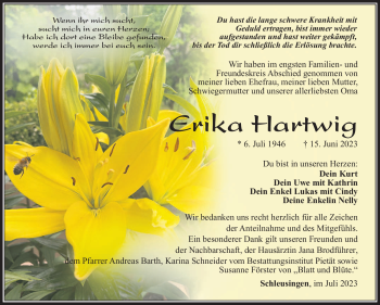 Traueranzeige von Erika Hartwig von Südthüringer Presse