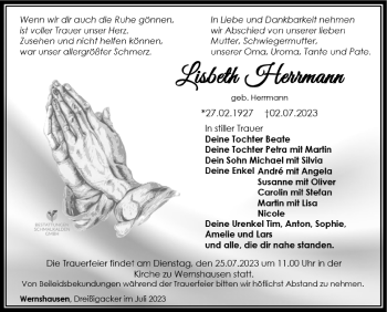 Traueranzeige von Lisbeth Herrmann von Südthüringer Presse