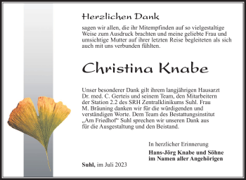 Traueranzeige von Christina Knabe von Südthüringer Presse